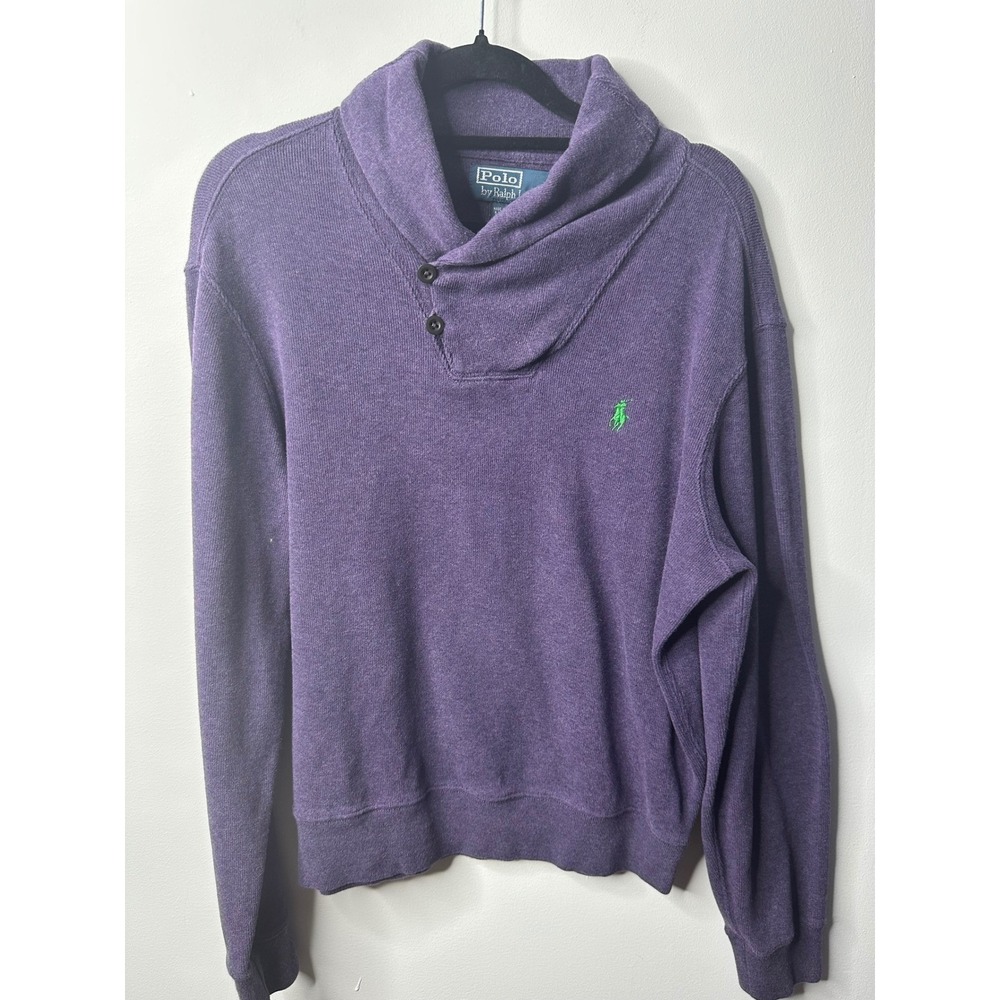 Polo Ralph Lauren Mens Small Purple Shawl Collar Button Knit Sweater Green Pony